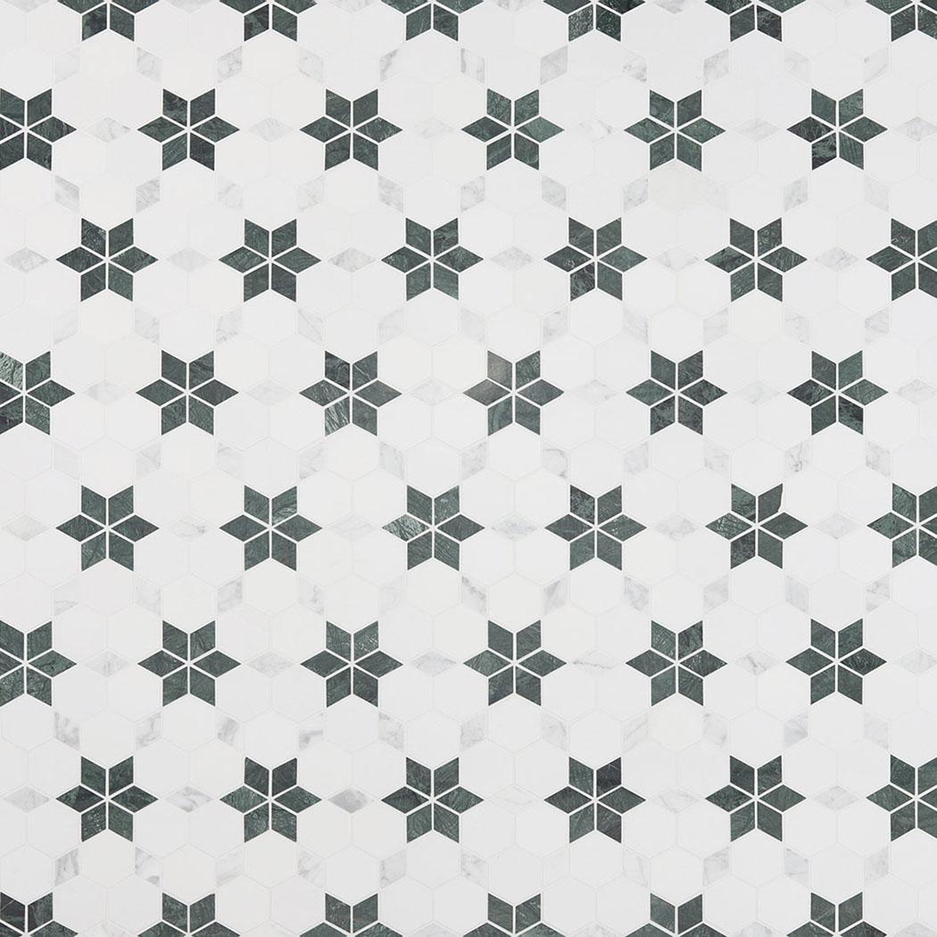 Hexagon White and Green Marble Mosaic Tiles — mosaic lục giác bằng đá marble trắng & xanh lục
