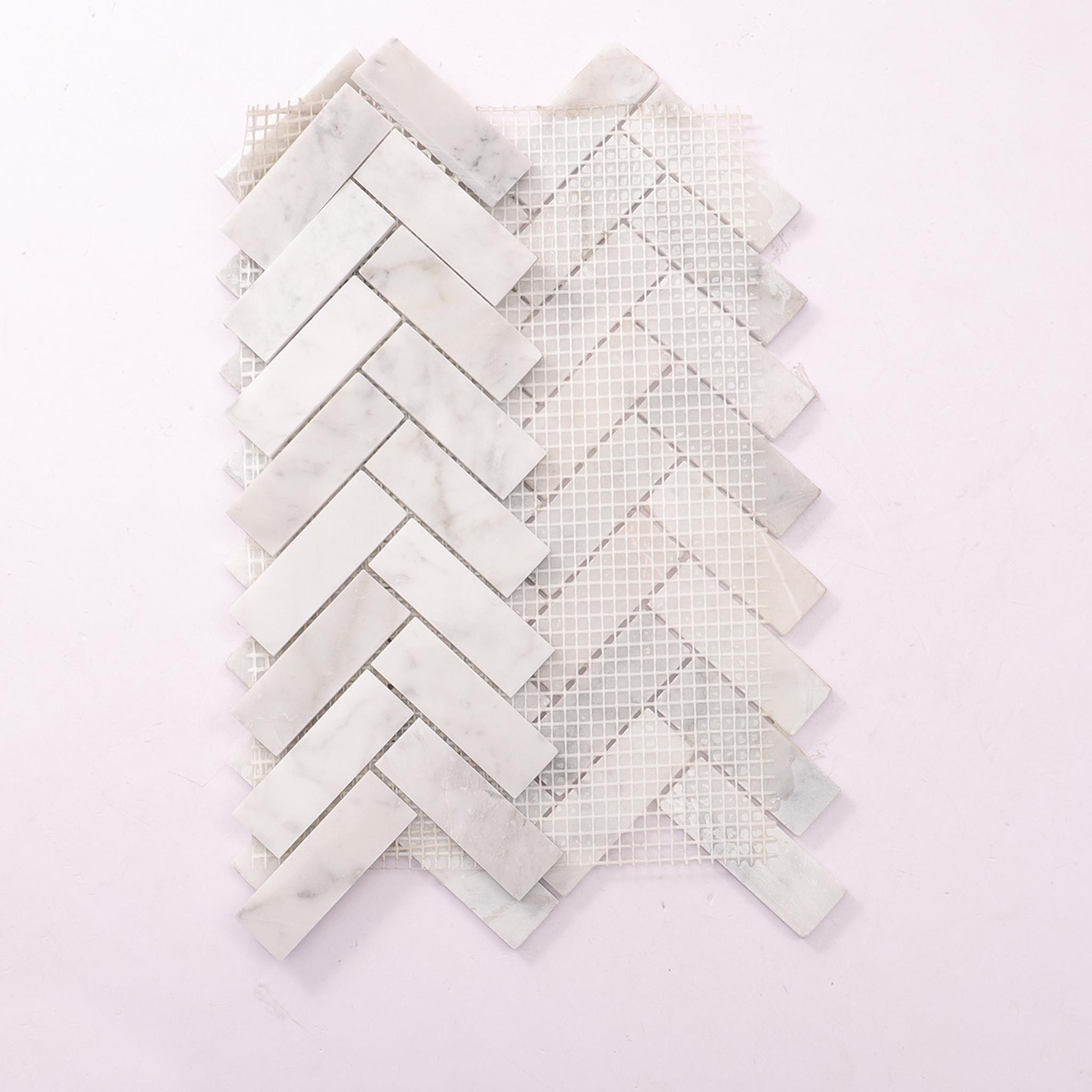 Bianco Carrara Herringbone Polished Marble Mosaic White  Tile — mosaic xương cá bằng đá marble trắng & trắng Carrara