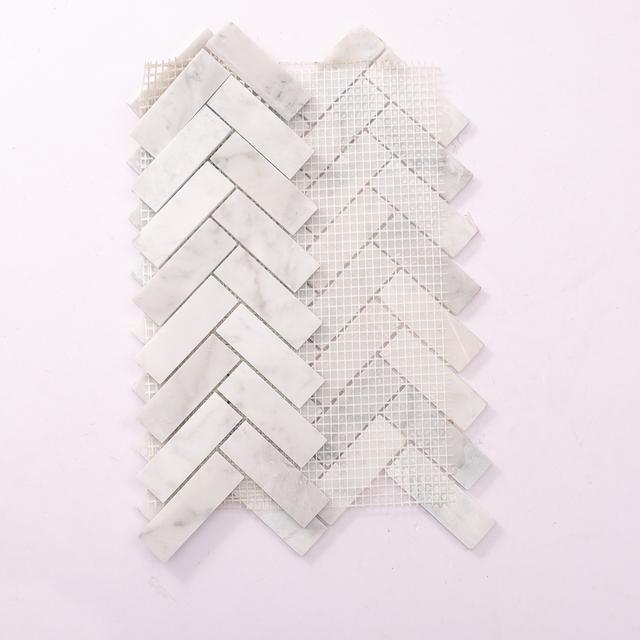 Bianco Carrara Herringbone Polished Marble Mosaic White  Tile — mosaic xương cá bằng đá marble trắng & trắng Carrara