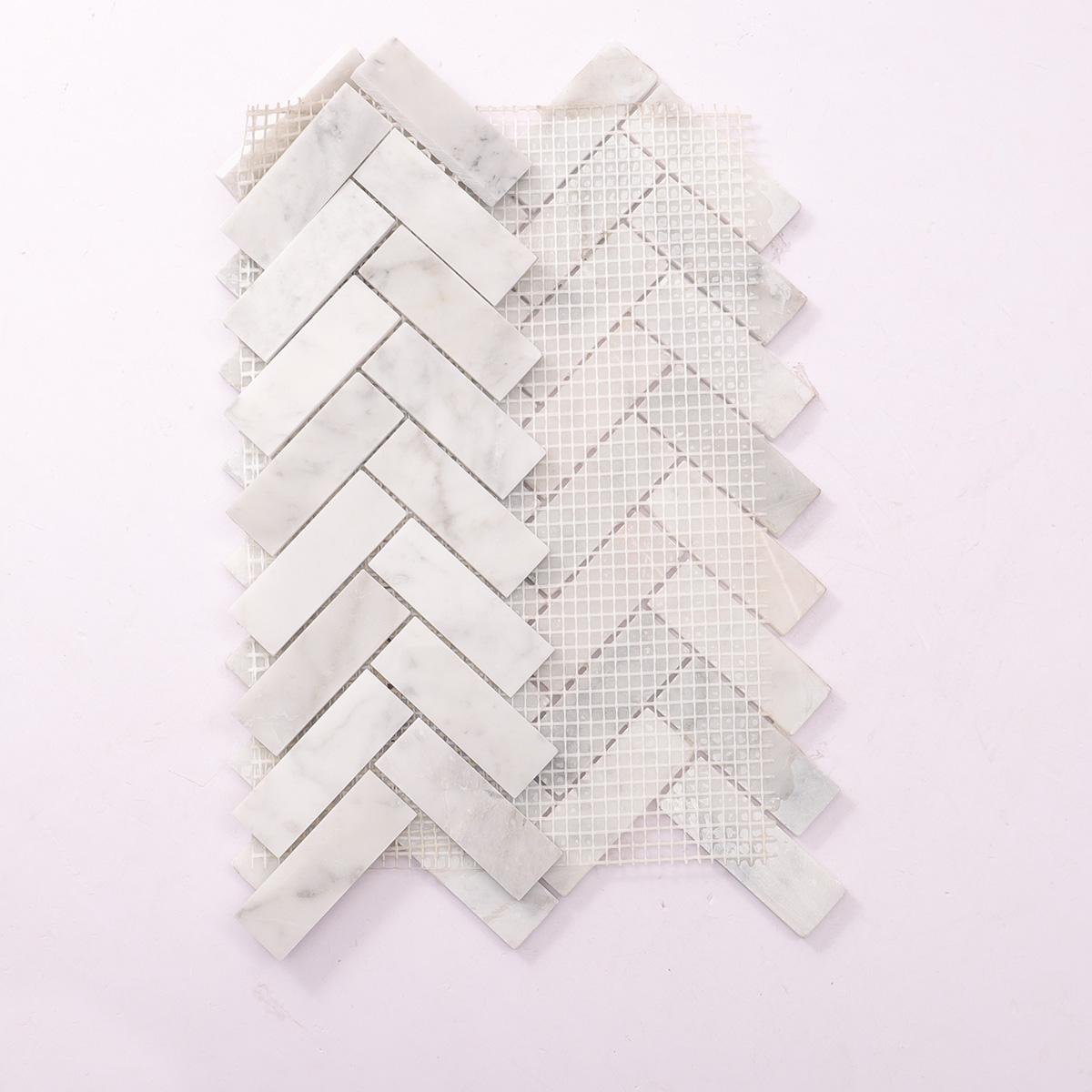 Bianco Carrara Herringbone Polished Marble Mosaic White Tile — mosaic xương cá bằng đá marble trắng & trắng Carrara