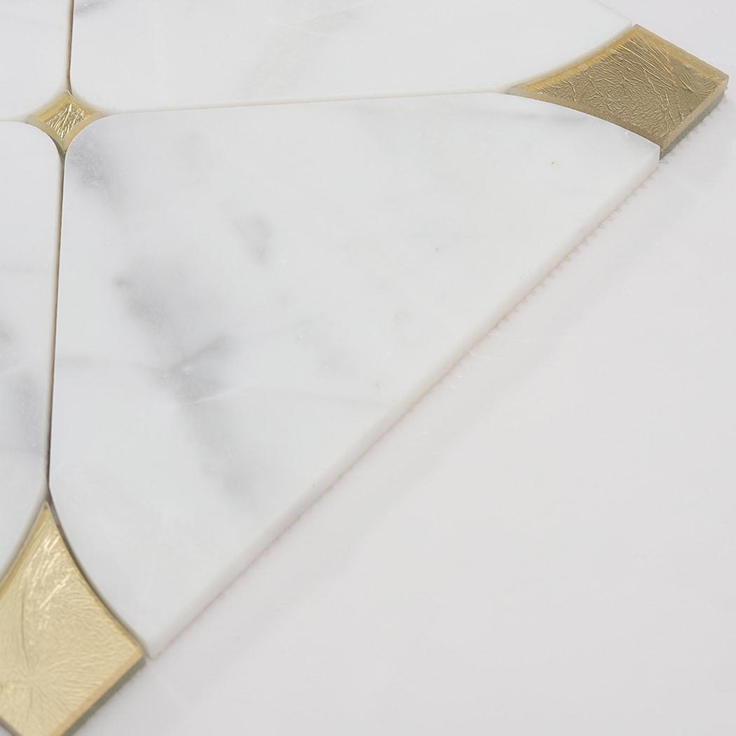 White Marble Gold Glass Waterjet Mosaic Backsplash Bathroom Tile — mosaic hoa văn waterjet bằng đá marble trắng & vàng
