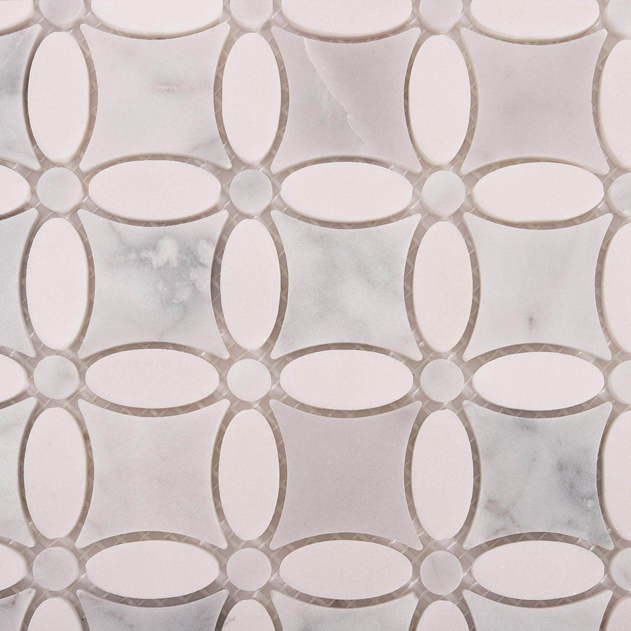 White Floral Petal Marble Mosaic Wall Tiles — mosaic hoa văn waterjet bằng đá marble trắng & trắng Carrara