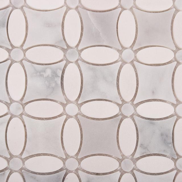 White Floral Petal Marble Mosaic Wall Tiles — mosaic hoa văn waterjet bằng đá marble trắng & trắng Carrara