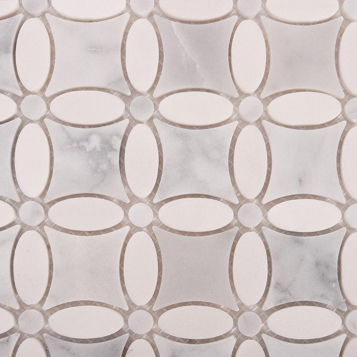White Floral Petal Marble Mosaic Wall Tiles — mosaic hoa văn waterjet bằng đá marble trắng & trắng Carrara