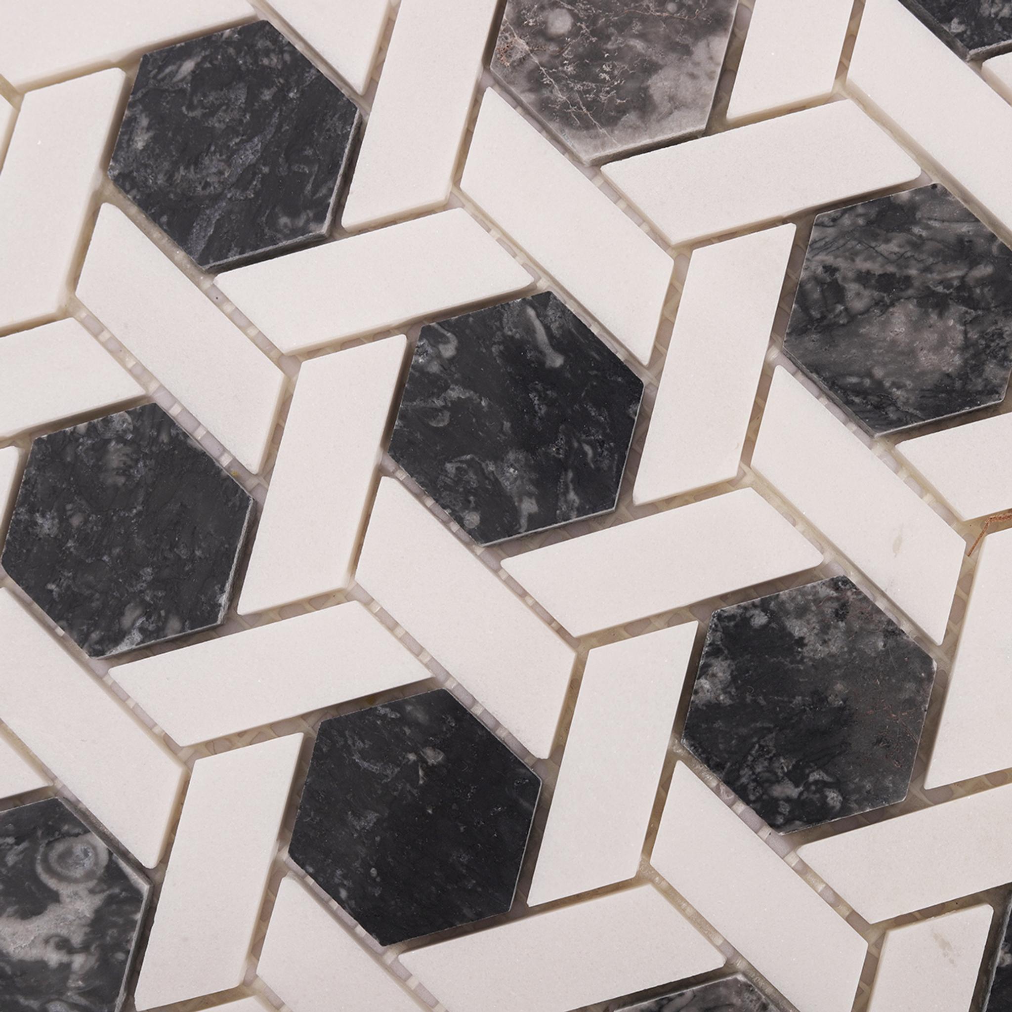 Gray and White Hexagonal Lattice Marble Tiles — mosaic lục giác bằng đá marble trắng & xám