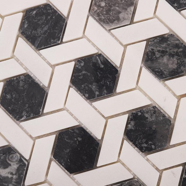 Gray and White Hexagonal Lattice Marble Tiles — mosaic lục giác bằng đá marble trắng & xám
