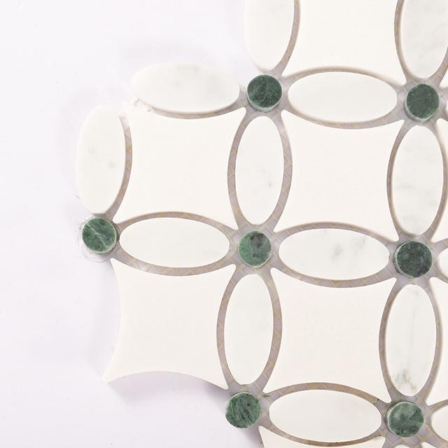 White and Green Floral Marble Floor Tile — mosaic hoa văn waterjet bằng đá marble trắng & xanh lục