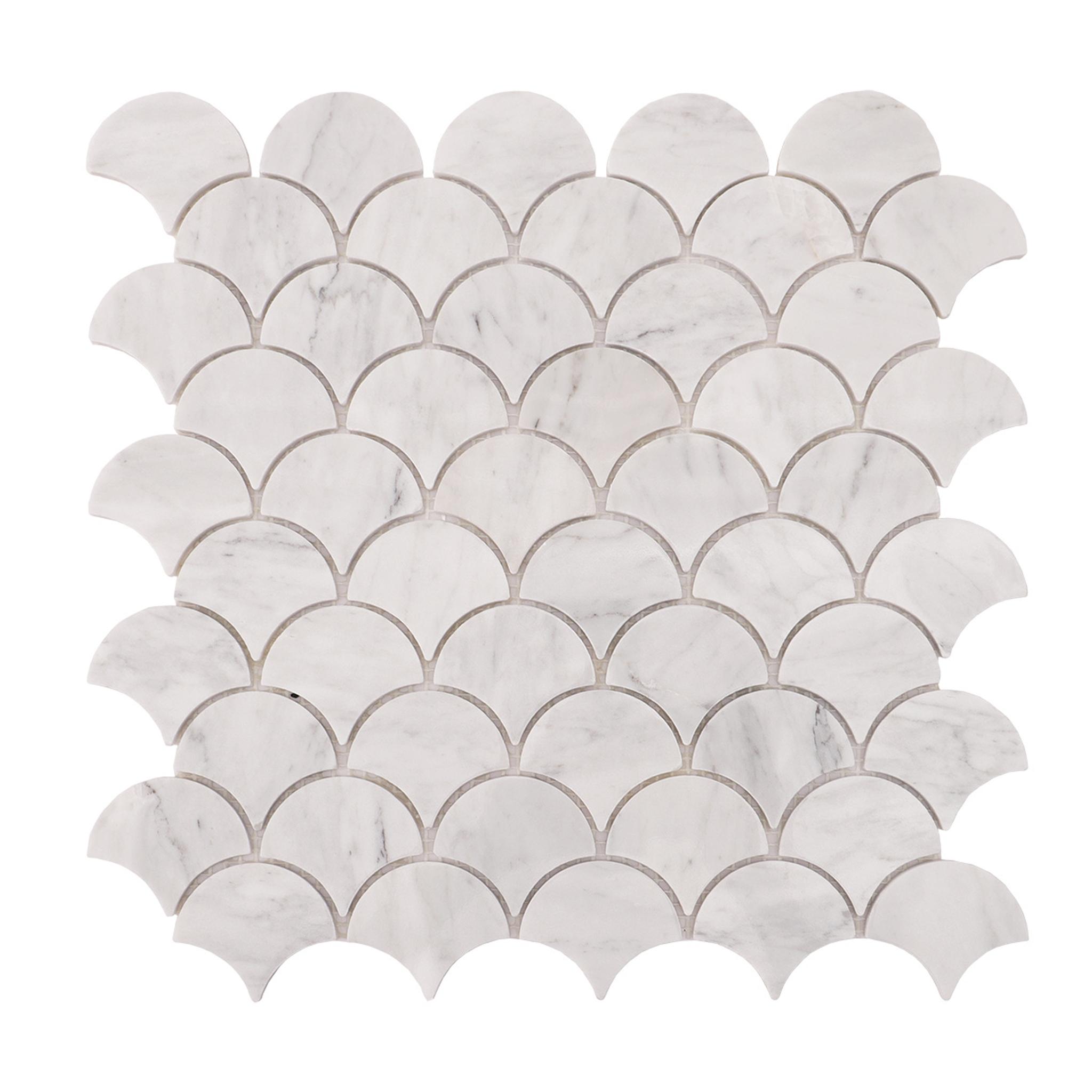 Carrara White Fish Scale Mosaic Tiles — mosaic vảy cá (fish scale) bằng đá marble trắng & trắng Carrara
