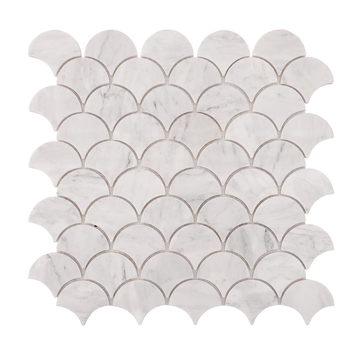 Carrara White Fish Scale Mosaic Tiles — mosaic vảy cá (fish scale) bằng đá marble trắng & trắng Carrara