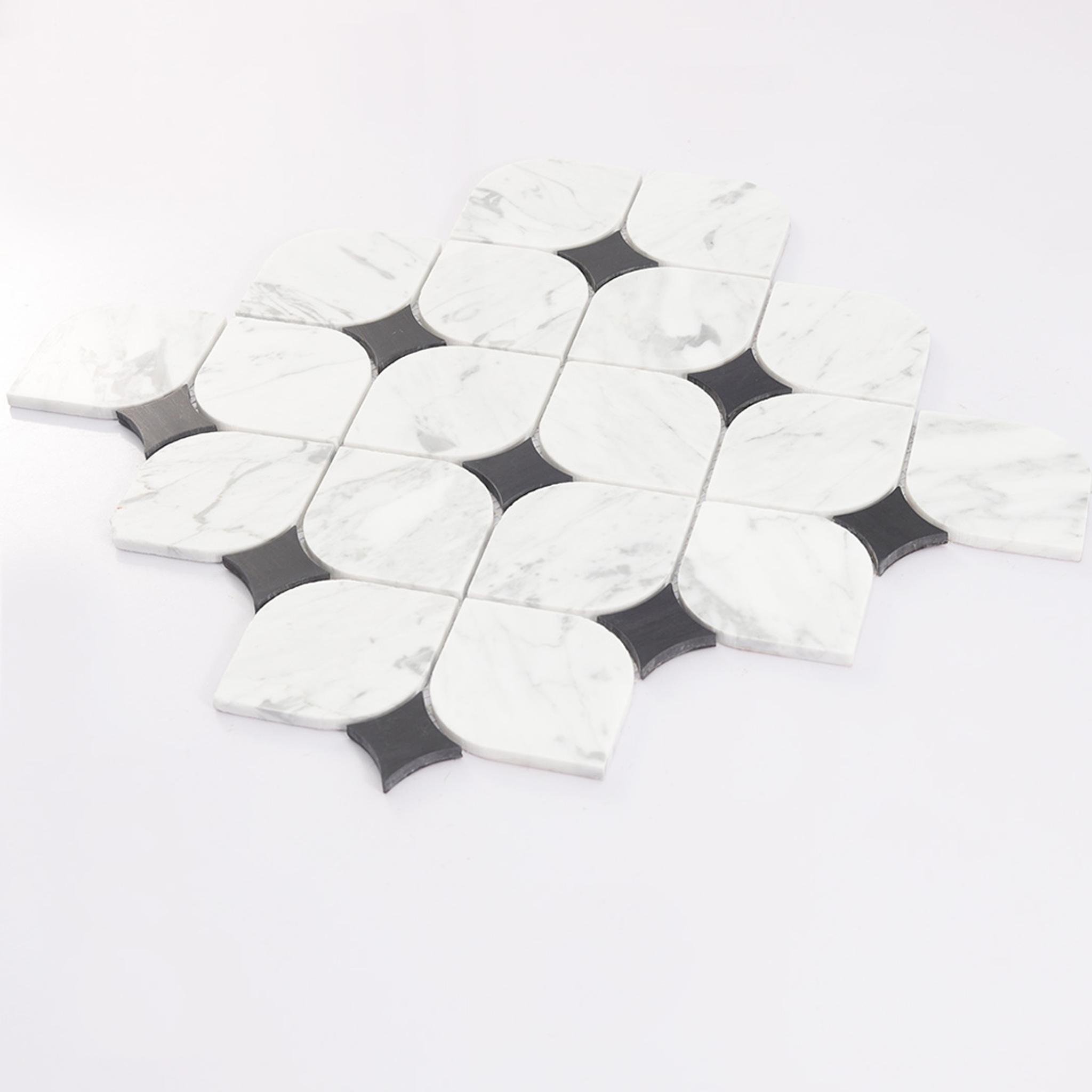 White Lantern Marble Mosaic Tile with Black Square Accents — mosaic arabesque bằng đá marble đen & trắng