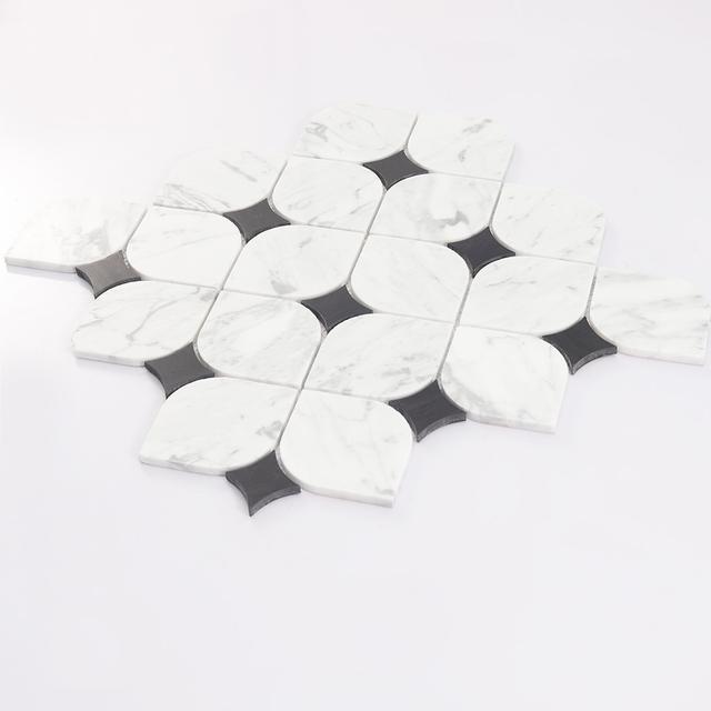 White Lantern Marble Mosaic Tile with Black Square Accents — mosaic arabesque bằng đá marble đen & trắng