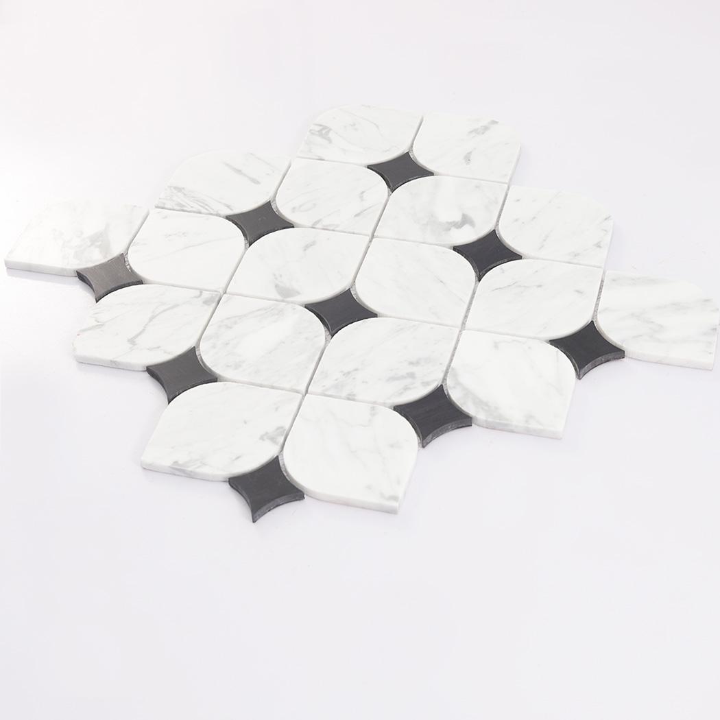 White Lantern Marble Mosaic Tile with Black Square Accents — mosaic arabesque bằng đá marble đen & trắng