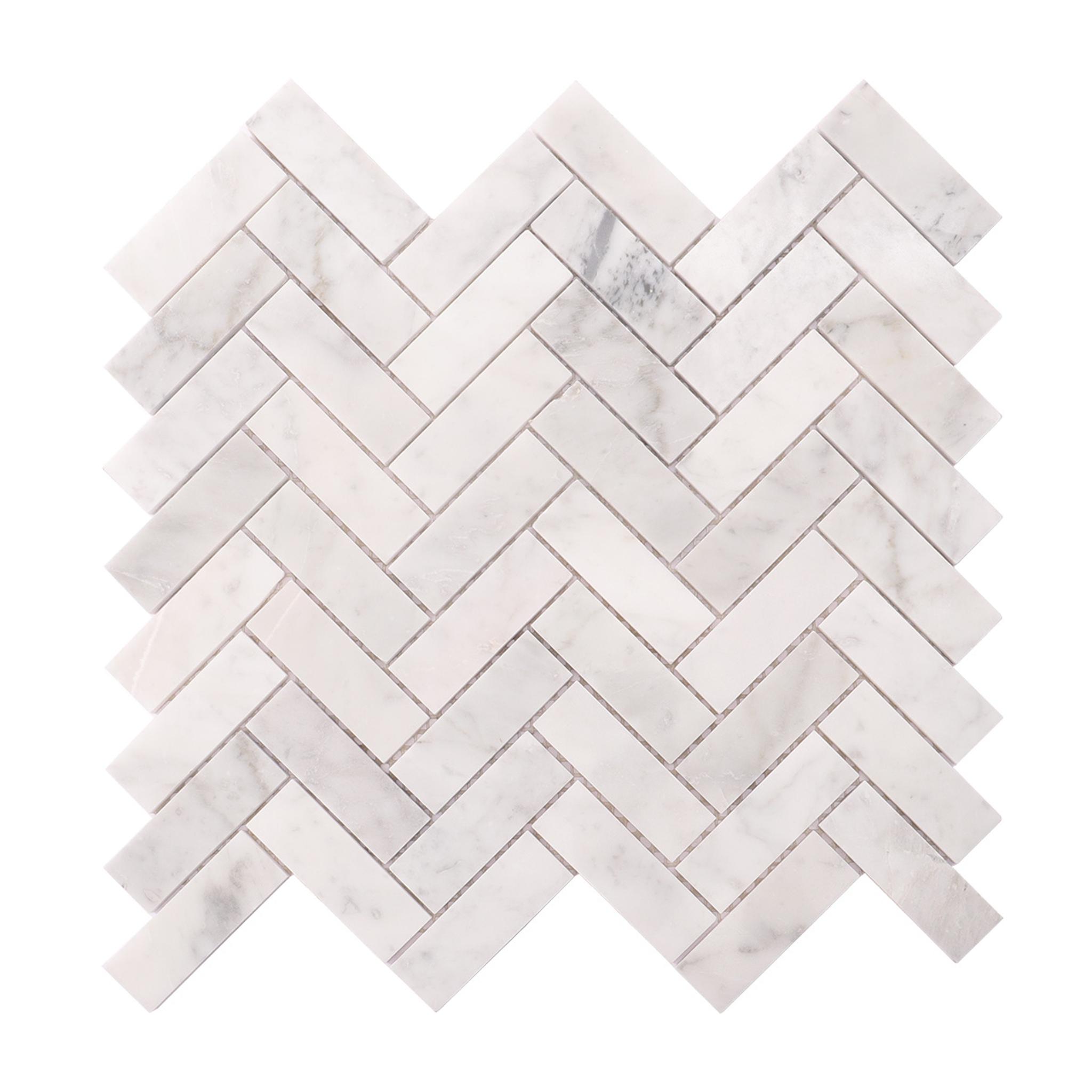 Bianco Carrara Herringbone Polished Marble Mosaic White  Tile — mosaic xương cá bằng đá marble trắng & trắng Carrara