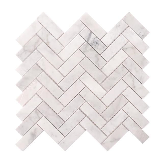 Bianco Carrara Herringbone Polished Marble Mosaic White  Tile — mosaic xương cá bằng đá marble trắng & trắng Carrara
