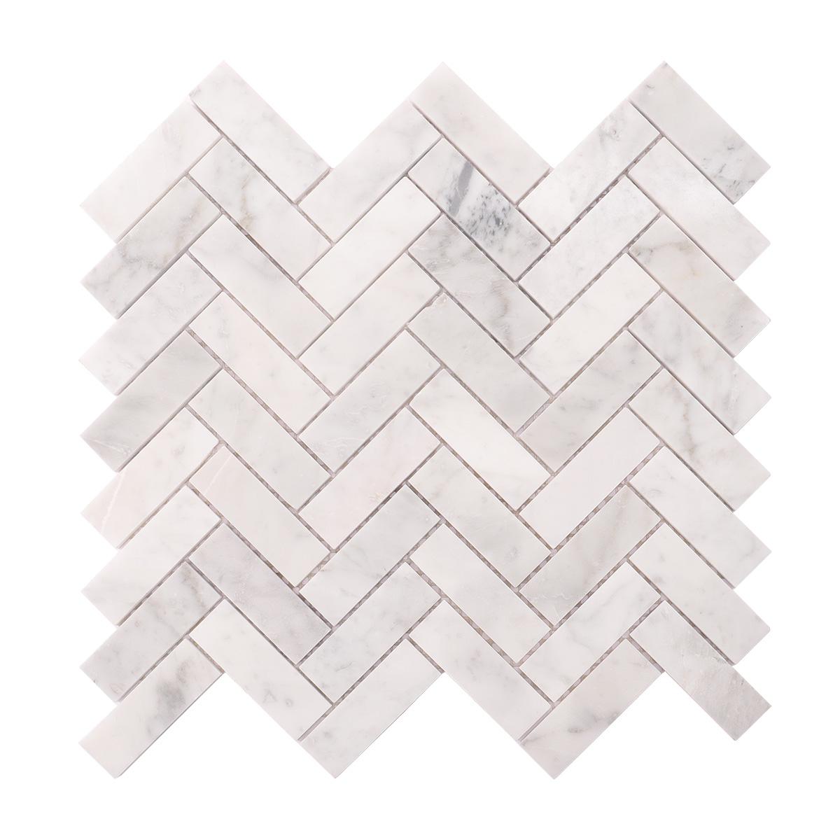 Bianco Carrara Herringbone Polished Marble Mosaic White Tile — mosaic xương cá bằng đá marble trắng & trắng Carrara