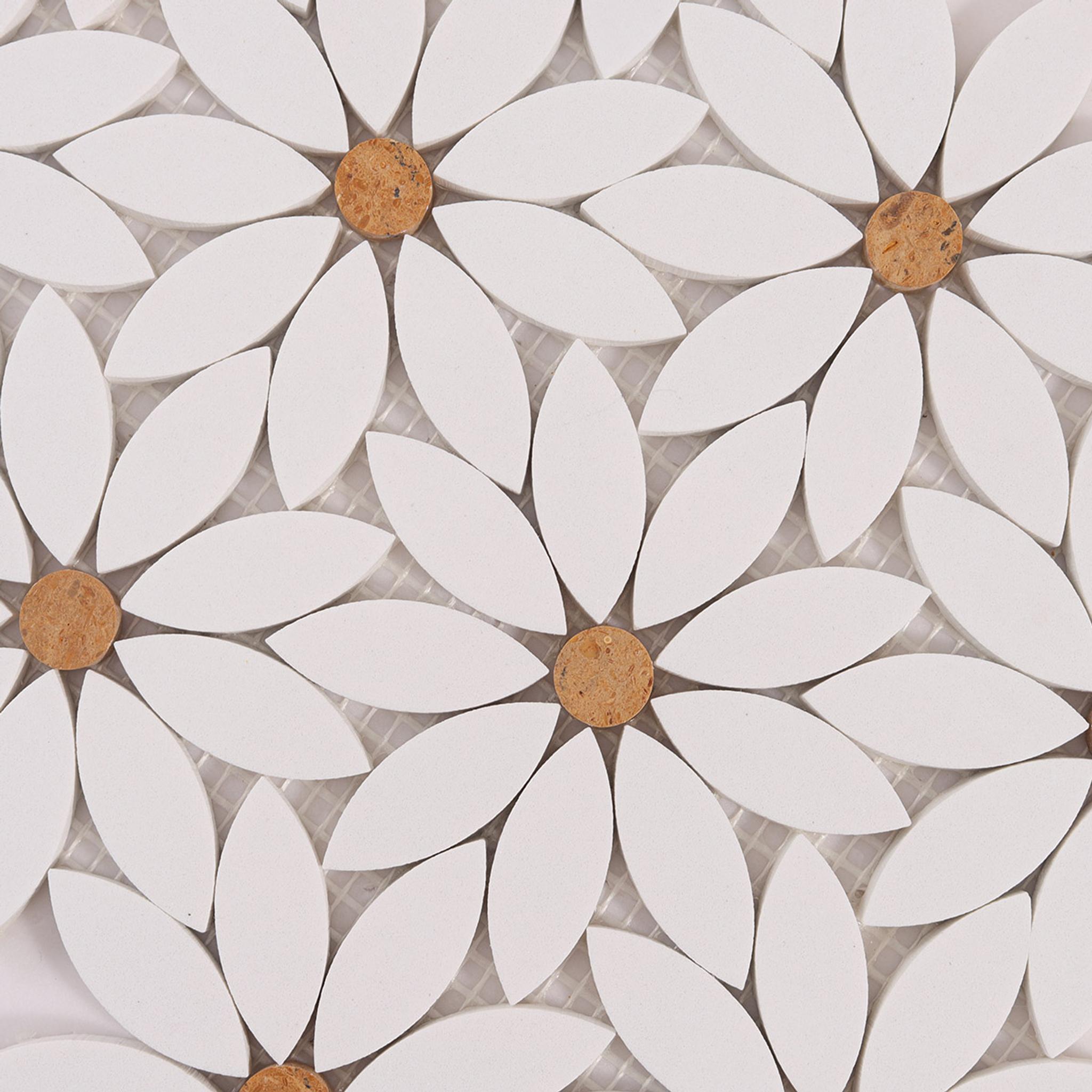 White Waterjet Sunflower Marble Mosaic Tile — mosaic hoa văn waterjet bằng đá marble trắng