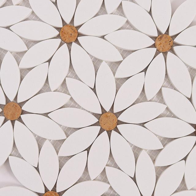 White Waterjet Sunflower Marble Mosaic Tile — mosaic hoa văn waterjet bằng đá marble trắng