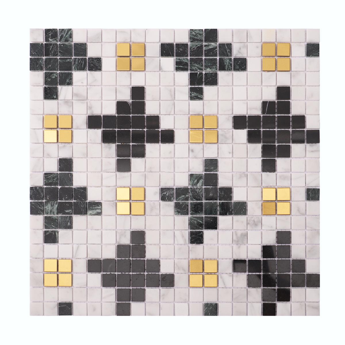 Green White Mix Gold Marble Metal Square Mosaic Tiles — mosaic vuông bằng đá marble trắng & xanh lục