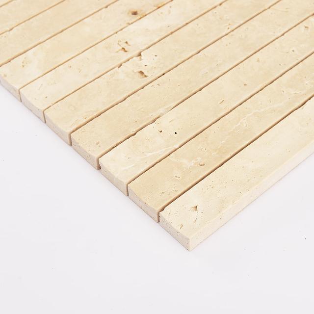 Beige Travertine Fluted Mosaic Wall Tile for Kitchen and Bathroom — mosaic rãnh sọc (fluted) bằng đá travertine beige