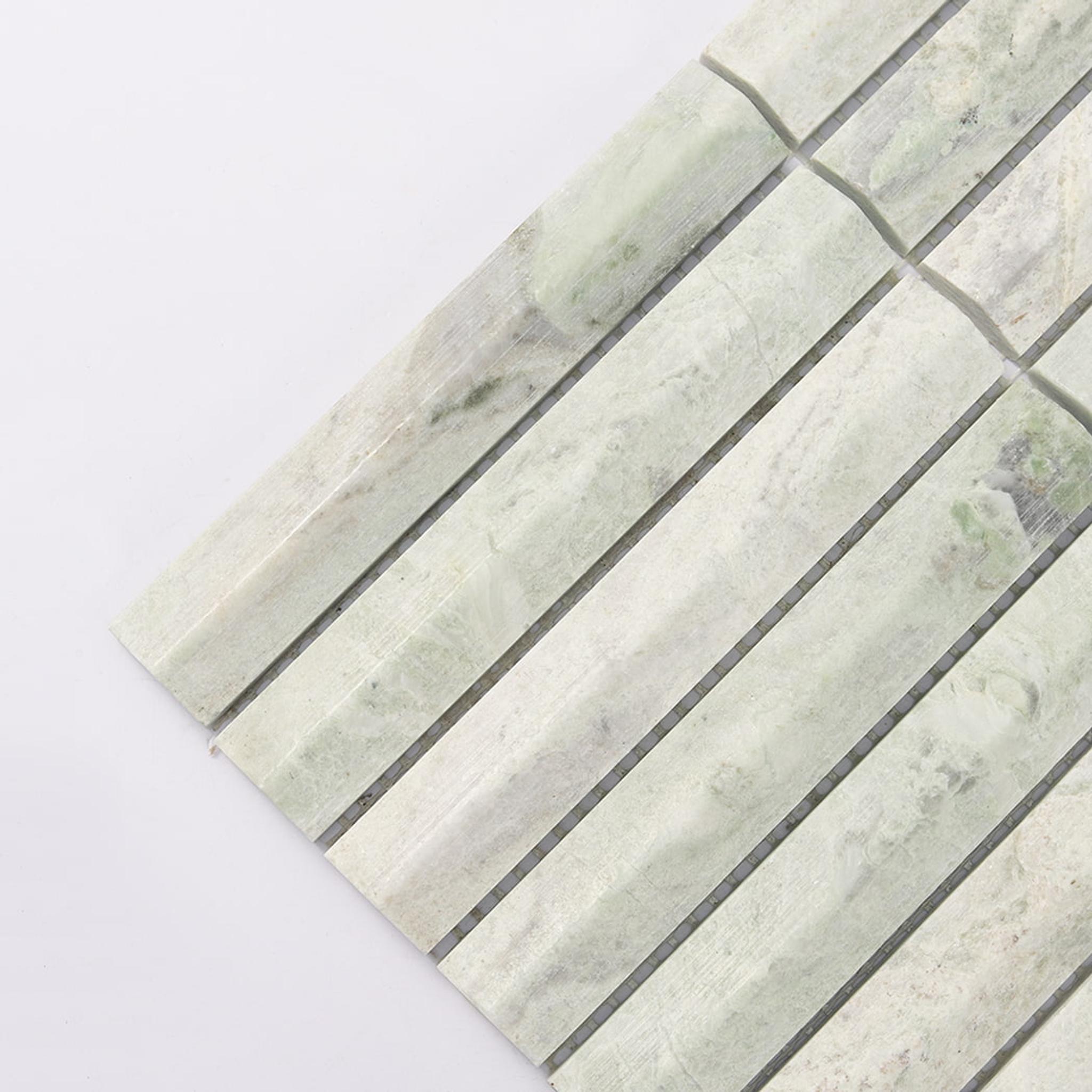 Ming Green Fluted Stacked Marble Mosaic Tile Backsplash and Bathroom — mosaic rãnh sọc (fluted) bằng đá marble xanh lục