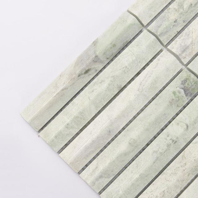 Ming Green Fluted Stacked Marble Mosaic Tile Backsplash and Bathroom — mosaic rãnh sọc (fluted) bằng đá marble xanh lục