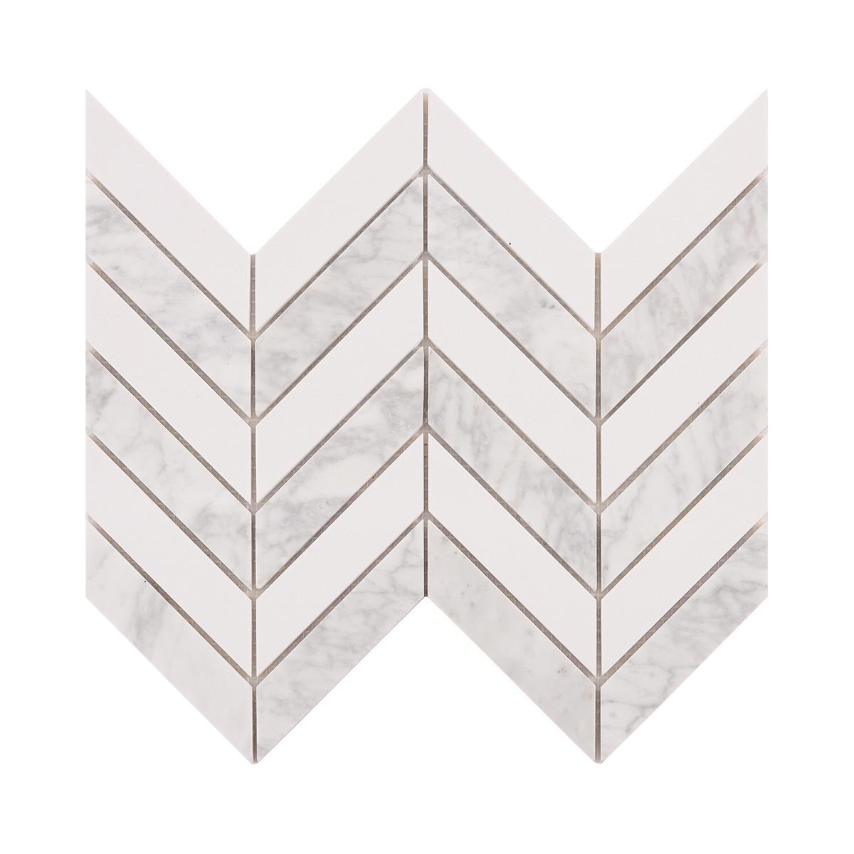 Herringbone Carrara White Marble Mosaic Tiles — mosaic xương cá bằng đá marble trắng & trắng Carrara