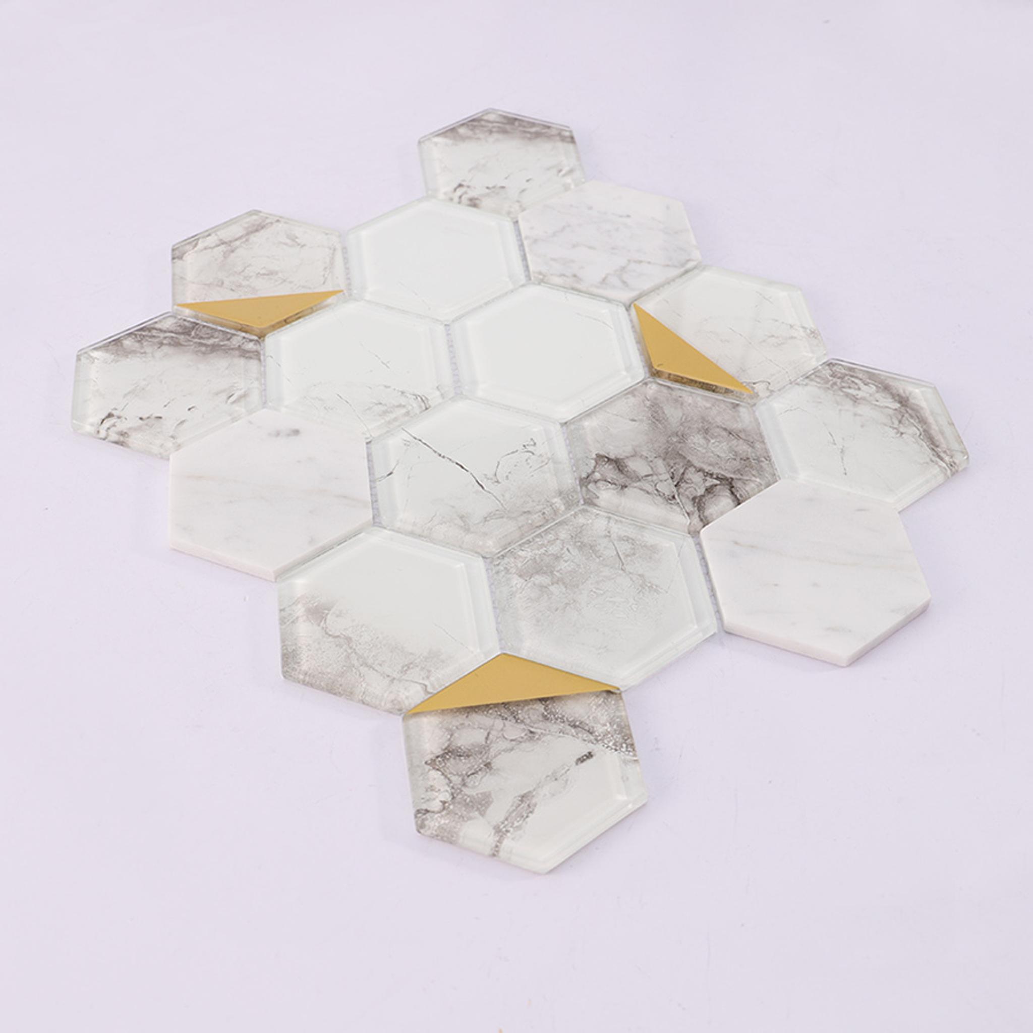 Hexagon Marble and Glass Wall Tile with Gold Accent — mosaic lục giác bằng đá marble vàng