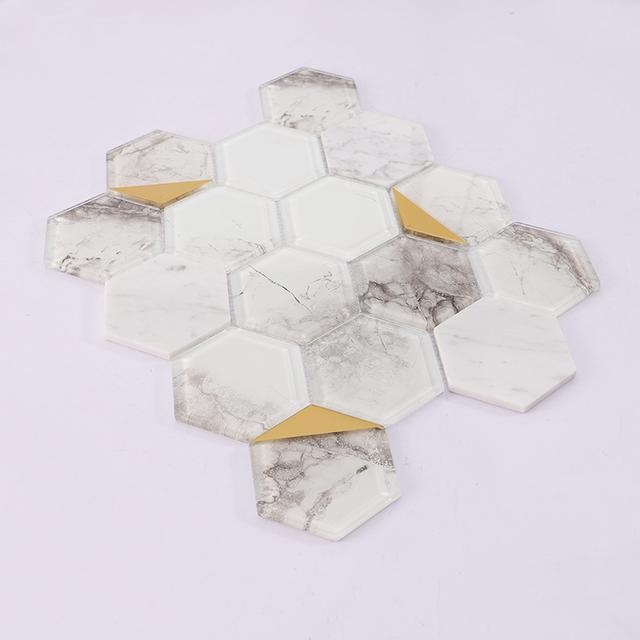 Hexagon Marble and Glass Wall Tile with Gold Accent — mosaic lục giác bằng đá marble vàng