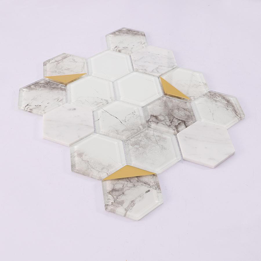 Hexagon Marble and Glass Wall Tile with Gold Accent — mosaic lục giác bằng đá marble vàng