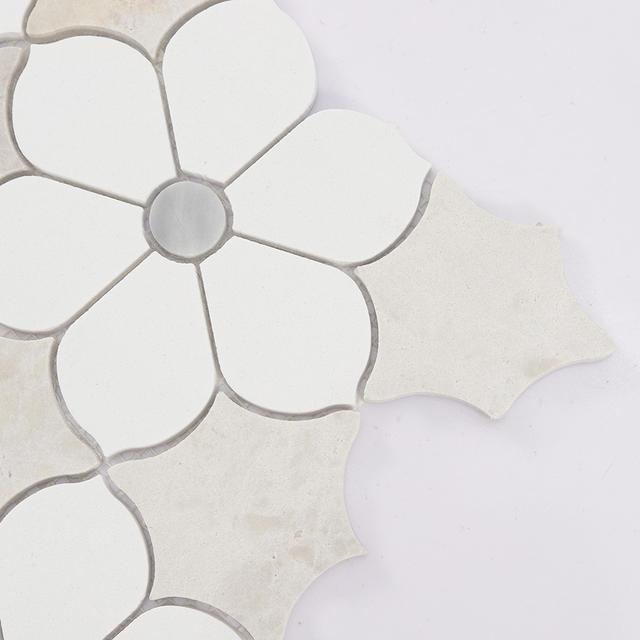 White Beige Floral Marble Mosaic Tile for Elegant Bathroom Walls — mosaic hoa văn waterjet bằng đá marble trắng & beige