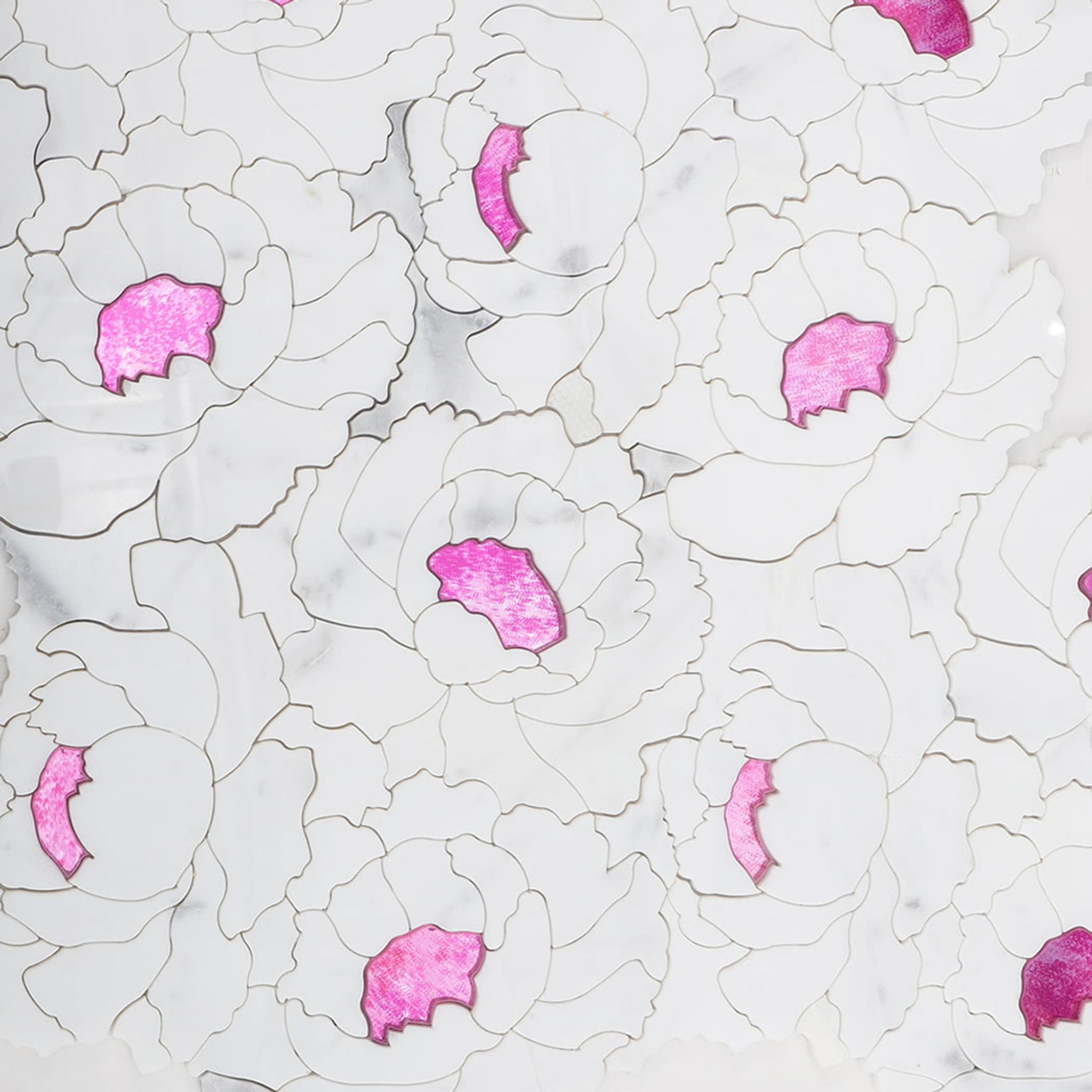 White Marble with Pink Glass Waterjet Flower Mosaic Tile — mosaic hoa văn waterjet bằng đá marble trắng & hồng