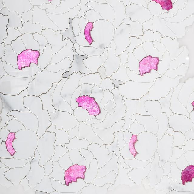 White Marble with Pink Glass Waterjet Flower Mosaic Tile — mosaic hoa văn waterjet bằng đá marble trắng & hồng