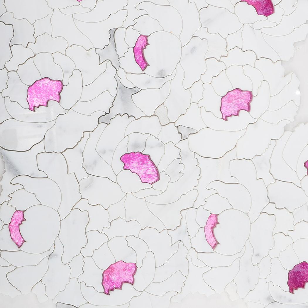 White Marble with Pink Glass Waterjet Flower Mosaic Tile — mosaic hoa văn waterjet bằng đá marble trắng & hồng