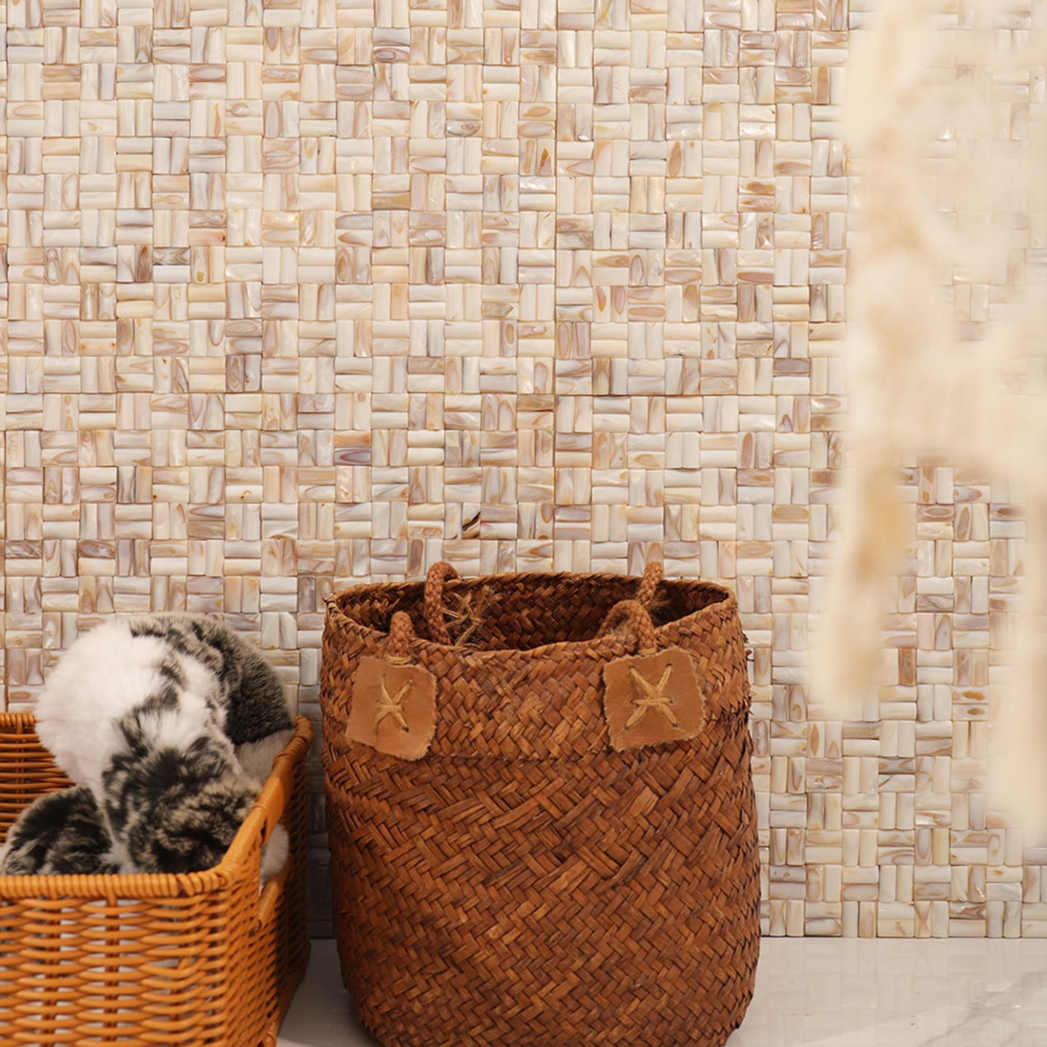 3D Beige Mother of Pearl Basket Weave Mosaic Tile — mosaic đan rổ (basketweave) bằng xà cừ beige