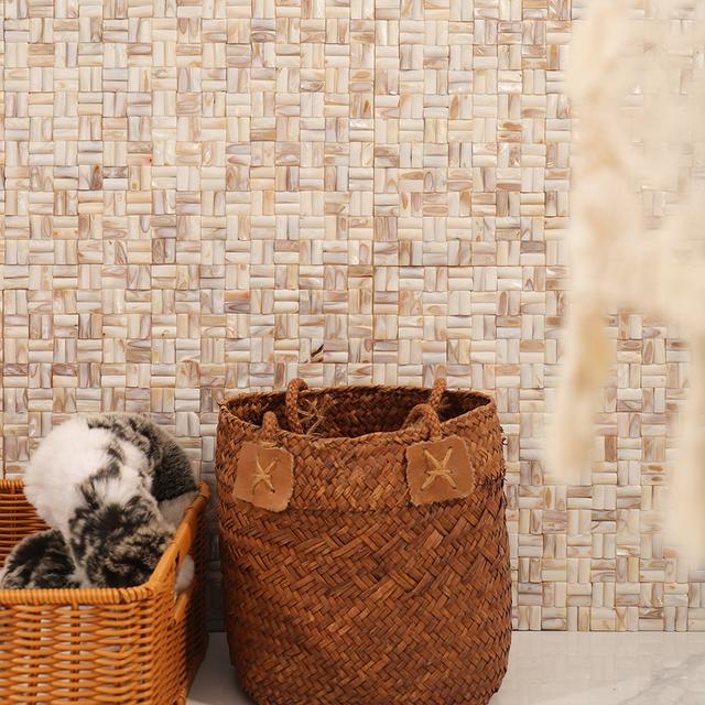 3D Beige Mother of Pearl Basket Weave Mosaic Tile — mosaic đan rổ (basketweave) bằng xà cừ beige