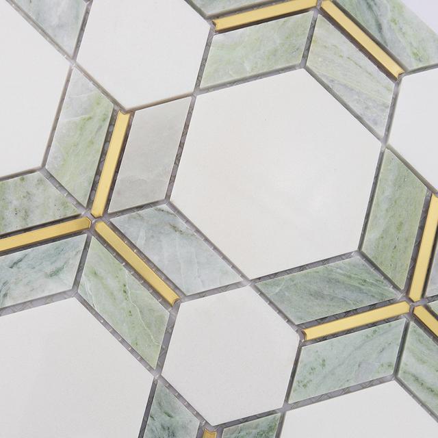 Green and White Hexagon Marble Mosaic Tile with Gold Metal Line — mosaic lục giác bằng đá marble trắng & xanh lục