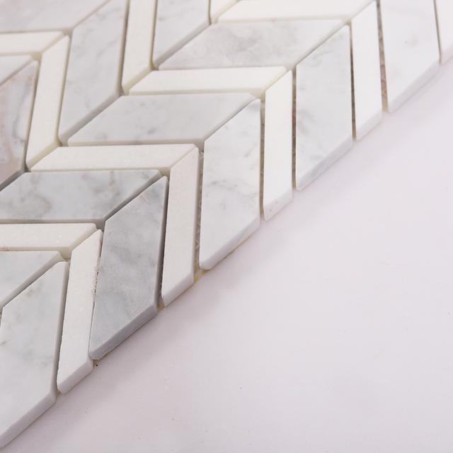 Carrara White Herringbone Marble Mosaic — mosaic xương cá bằng đá marble trắng Carrara