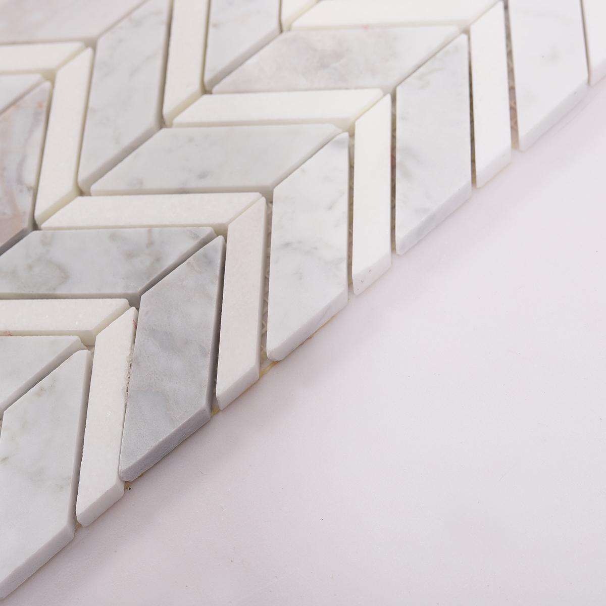 Carrara White Herringbone Marble Mosaic — mosaic xương cá bằng đá marble trắng Carrara