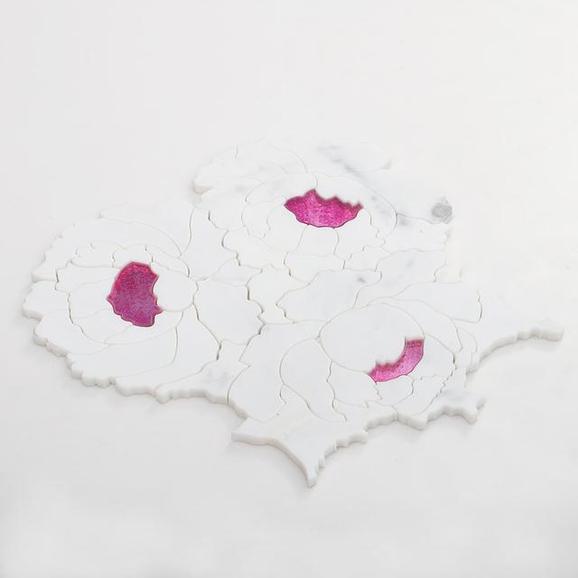 White Marble with Pink Glass Waterjet Flower Mosaic Tile — mosaic hoa văn waterjet bằng đá marble trắng & hồng