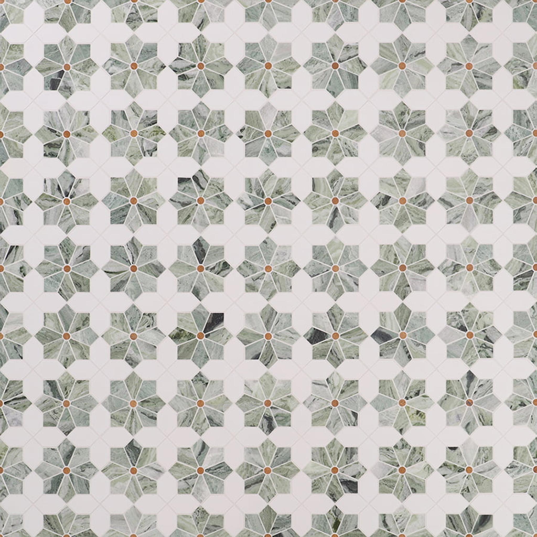 Green Gradient Floral Marble Mosaic Tiles with Gold Center — mosaic hoa văn waterjet bằng đá marble trắng & xanh lục