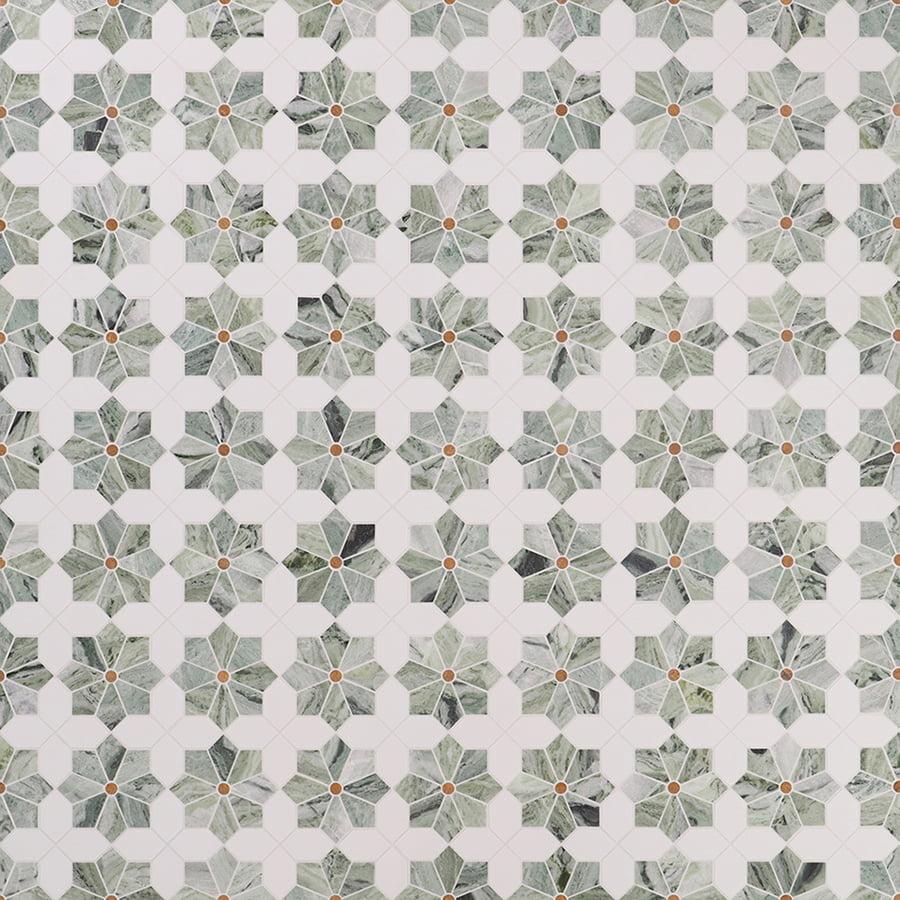 Green Gradient Floral Marble Mosaic Tiles with Gold Center — mosaic hoa văn waterjet bằng đá marble trắng & xanh lục