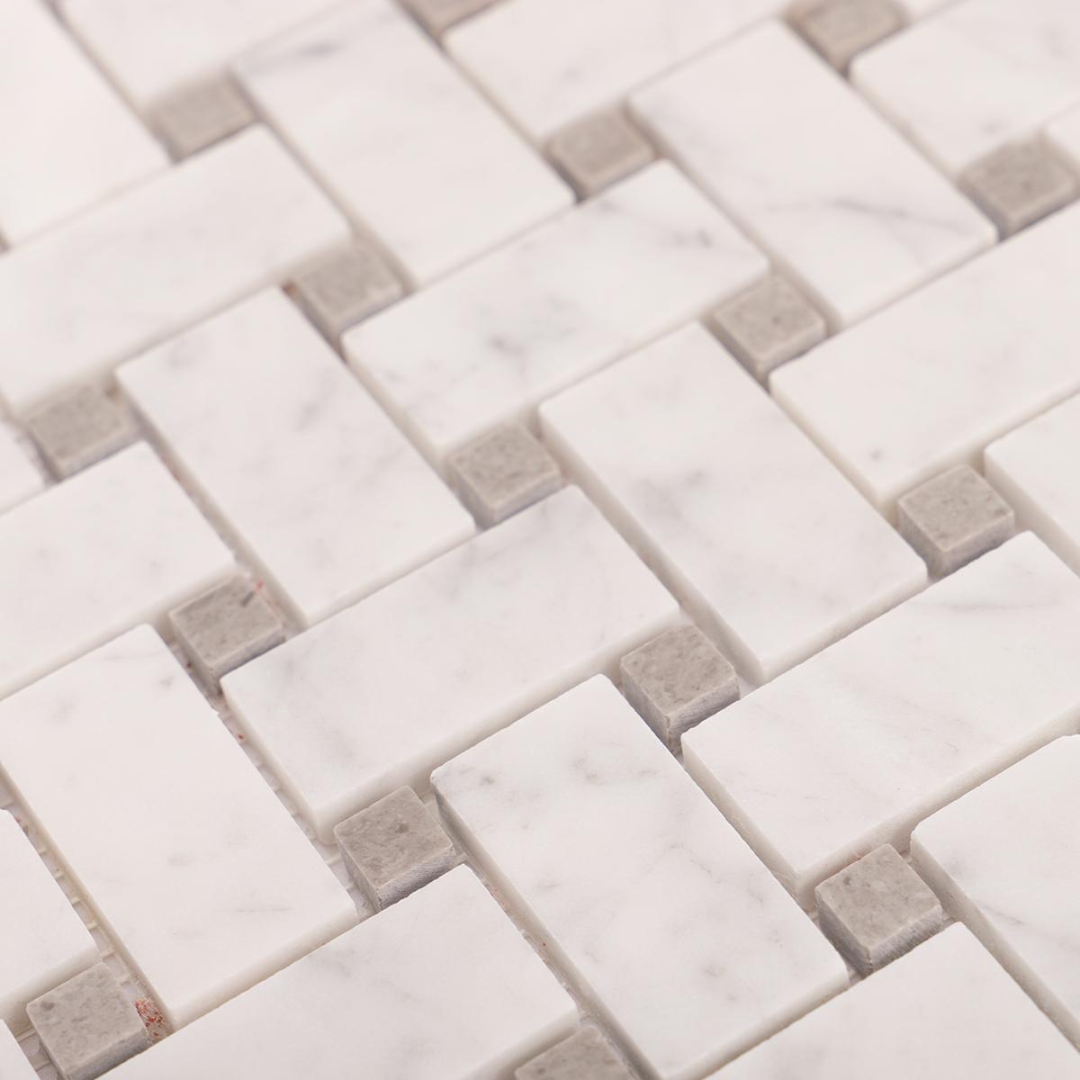 Carrara White Basketweave Marble Mosaic — mosaic đan rổ (basketweave) bằng đá marble trắng Carrara
