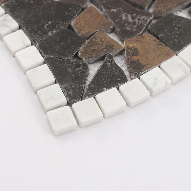 Irregular Broken Marble Mosaic Dark Brown Tile with White Border — mosaic ghép nghệ thuật bằng đá marble trắng & nâu