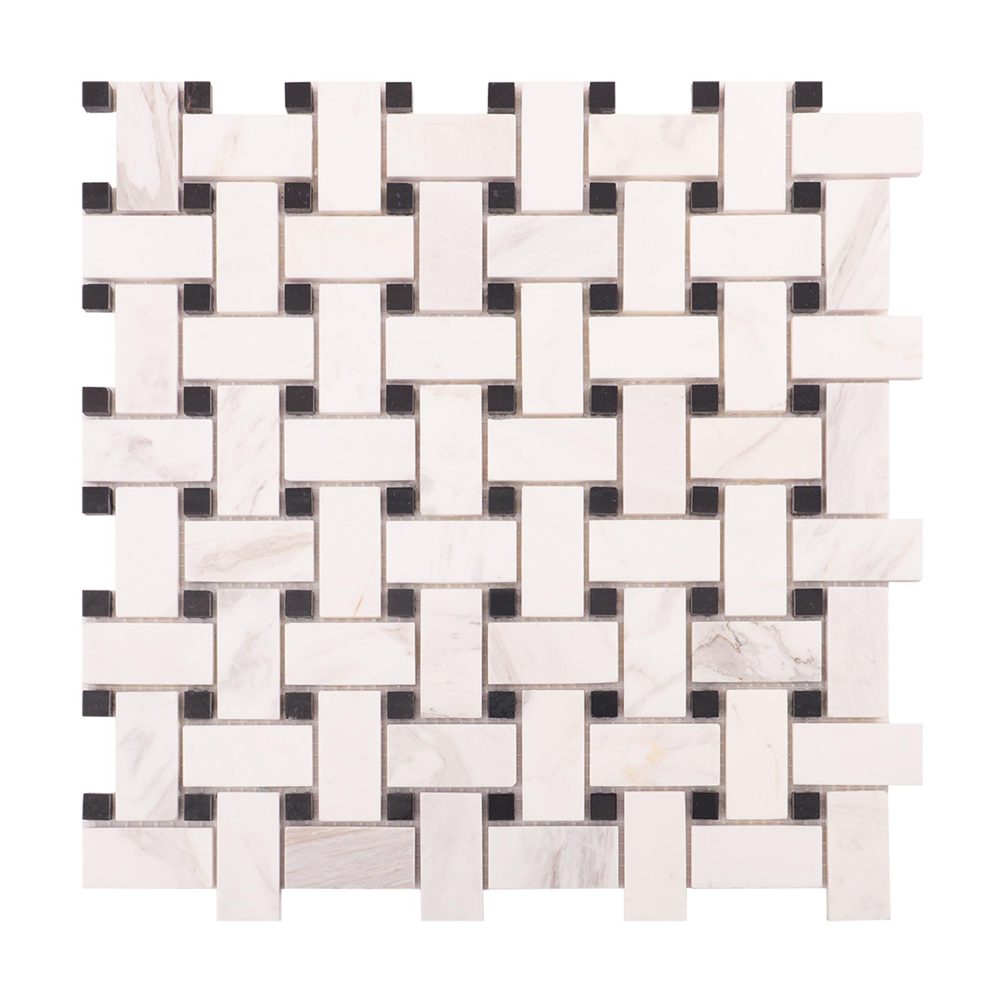 White & Black Basketweave Marble Mosaic Floor Tiles — mosaic đan rổ (basketweave) bằng đá marble đen & trắng