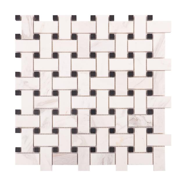 White & Black Basketweave Marble Mosaic Floor Tiles — mosaic đan rổ (basketweave) bằng đá marble đen & trắng