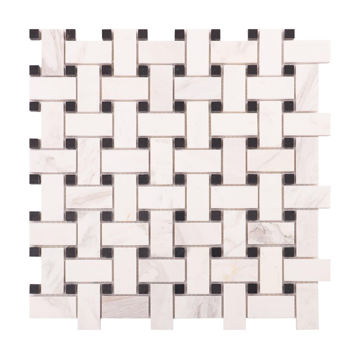 White & Black Basketweave Marble Mosaic Floor Tiles — mosaic đan rổ (basketweave) bằng đá marble đen & trắng