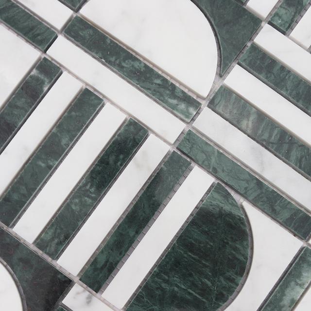 Geometric Green and White Marble Mosaic Backsplash and Bathroom Tile — mosaic ghép nghệ thuật bằng đá marble trắng & xanh lục