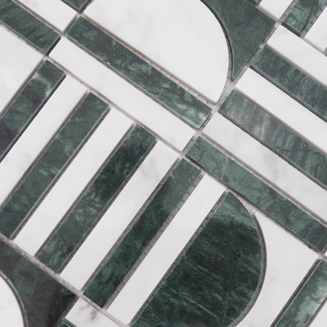 Geometric Green and White Marble Mosaic Backsplash and Bathroom Tile — mosaic ghép nghệ thuật bằng đá marble trắng & xanh lục