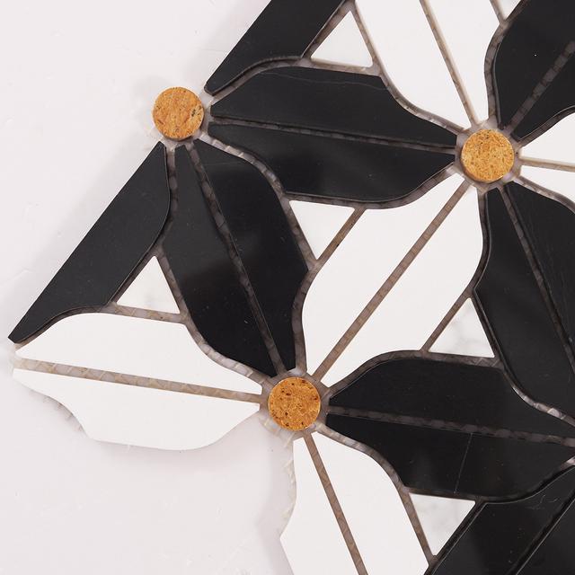 Black and White Flower Marble Mosaic — mosaic hoa văn waterjet bằng đá marble đen & trắng