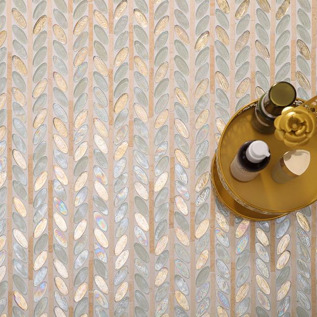 Glass and Marble Oval Leaf Mosaic Tiles - Lá Oval Kính Óng Ánh & Marble Beige — Rochelle Rochelle Stone